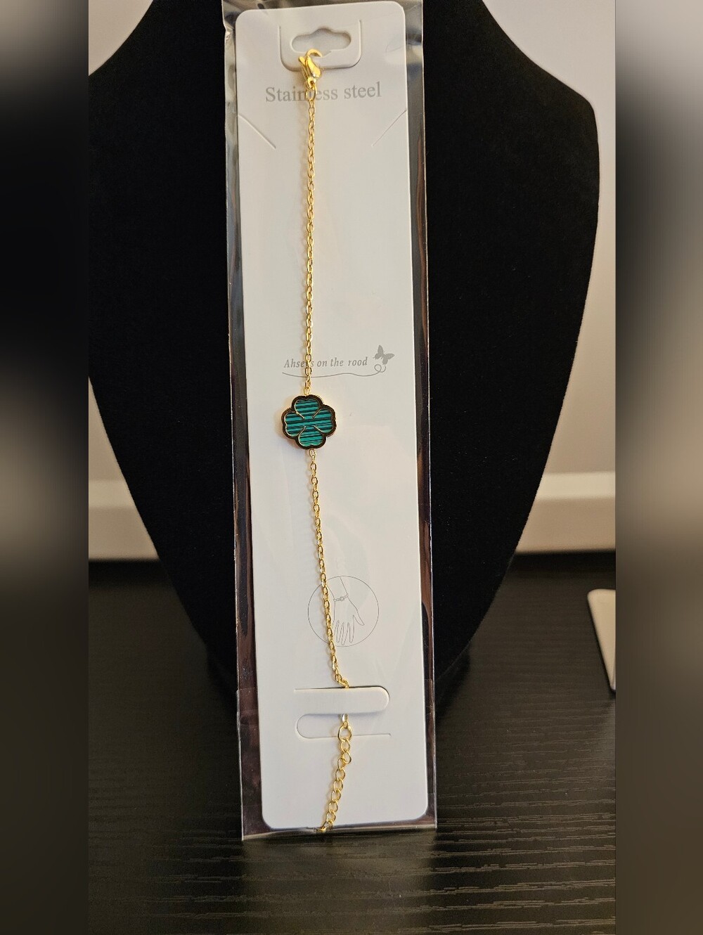 Gold Stainless Steel Bracelet with Teal Clover Charm